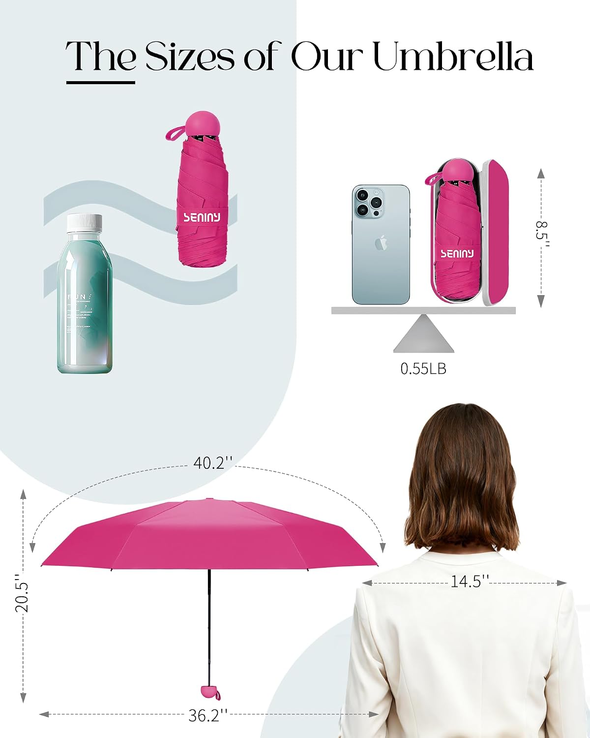 Seniny Mini Travel Umbrella with Case, Compact Pocket Size UV Sun & Rain