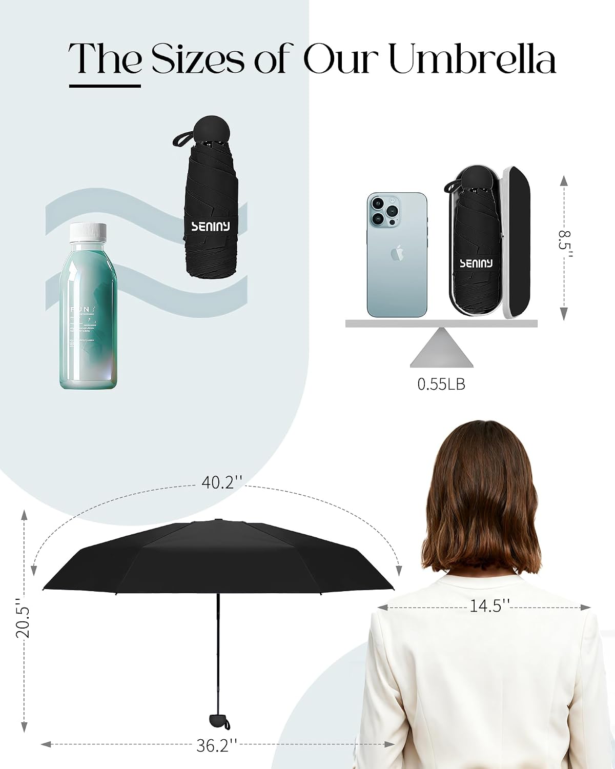 Seniny Mini Travel Umbrella with Case, Compact Pocket Size UV Sun & Rain