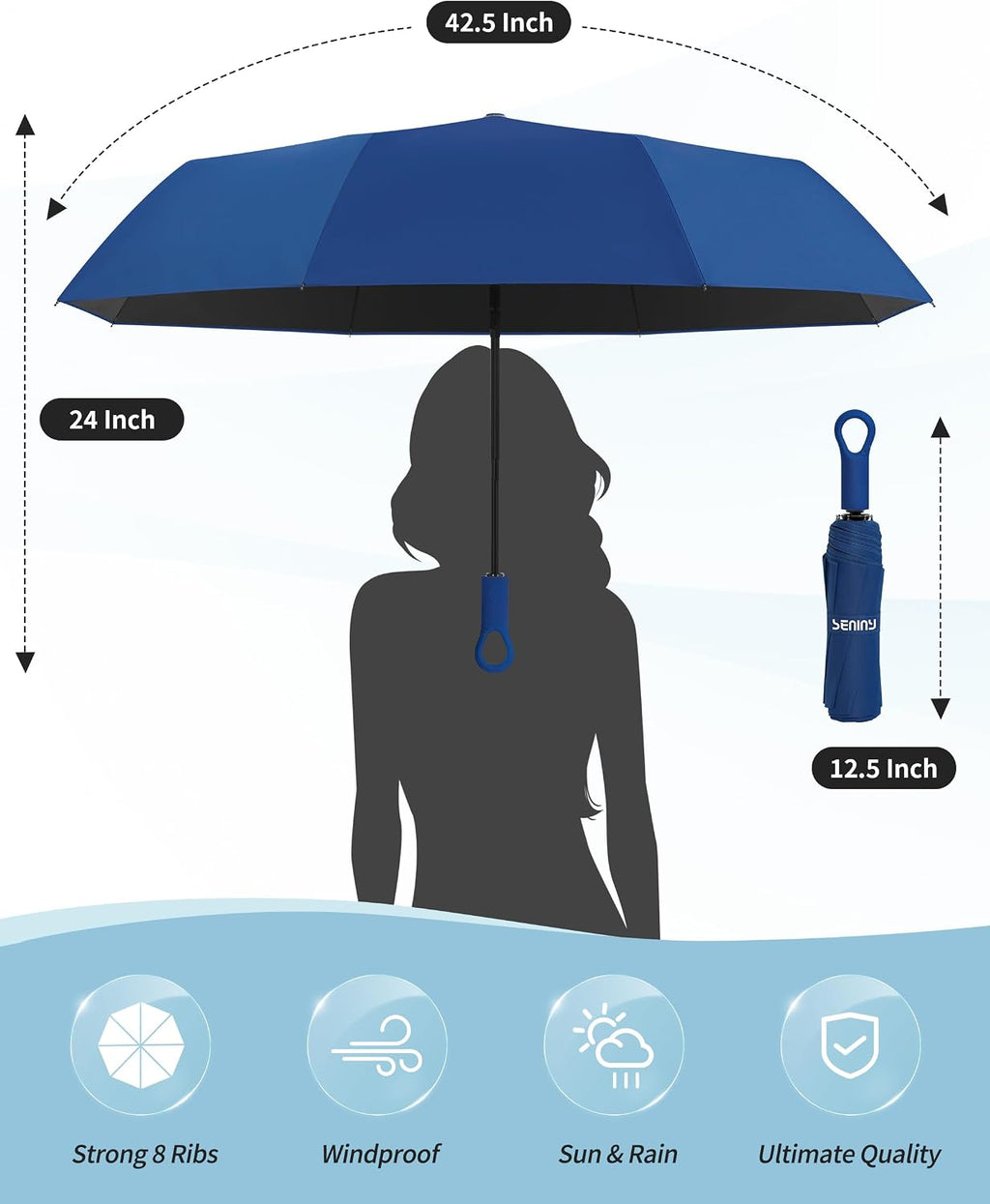 Seniny Mini Travel Umbrella with Case, Compact Pocket Size UV Sun & Rain