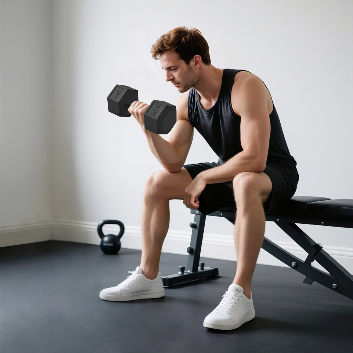 Haltère courte poids 20 Kg - 1 pièce, Haltère hexagonale entraînement musculaire & haltérophilie - métal caoutchouc noir