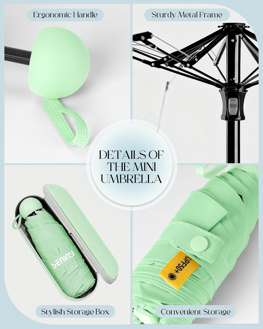 Seniny Mini Travel Umbrella with Case, Compact Pocket Size UV Sun & Rain