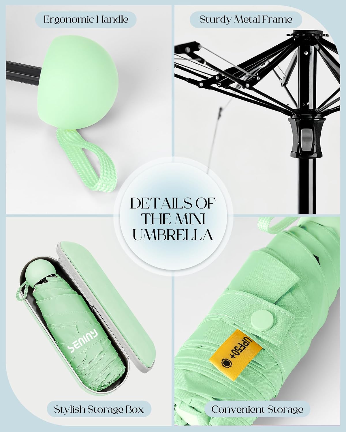 Seniny Mini Travel Umbrella with Case, Compact Pocket Size UV Sun & Rain