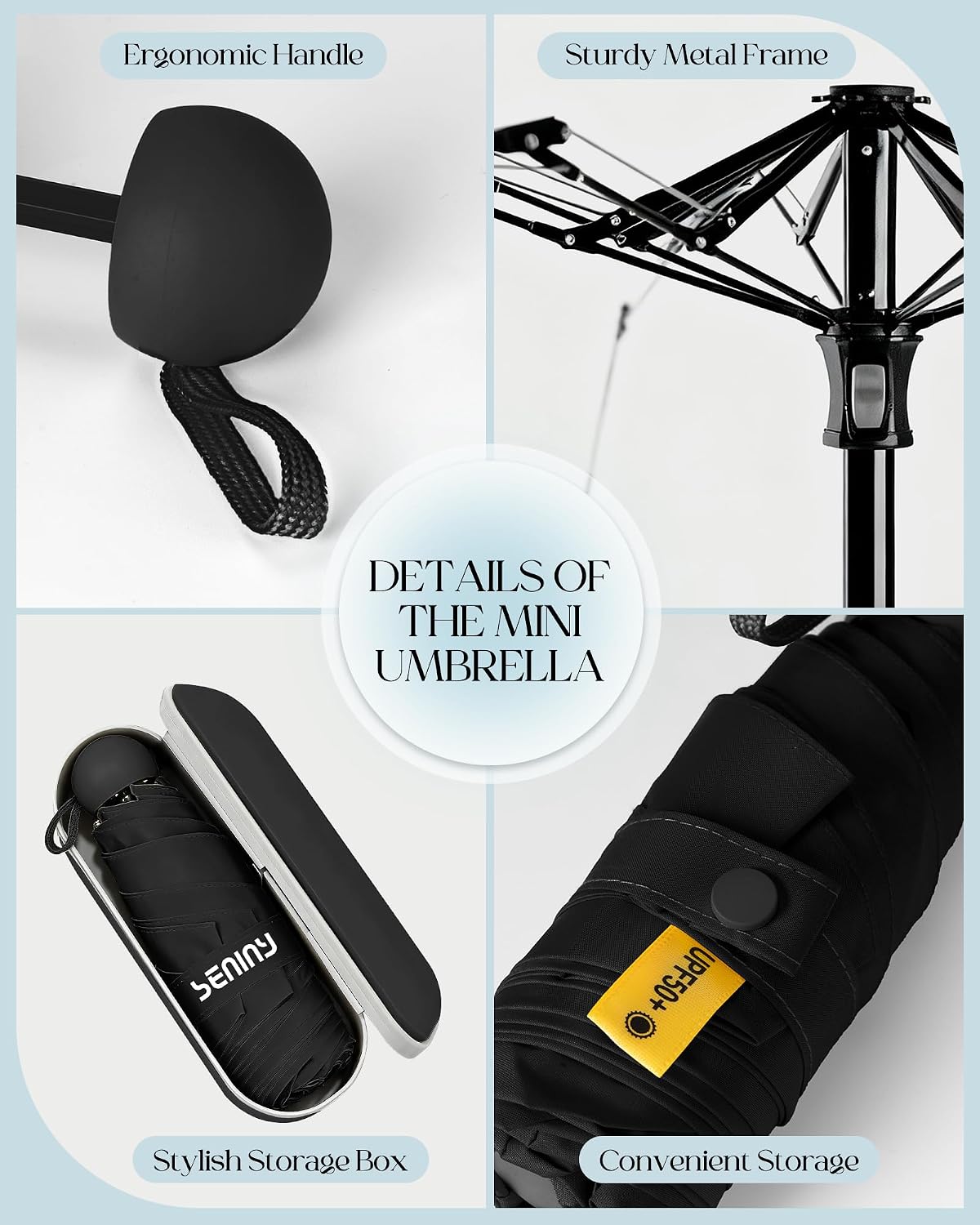 Seniny Mini Travel Umbrella with Case, Compact Pocket Size UV Sun & Rain
