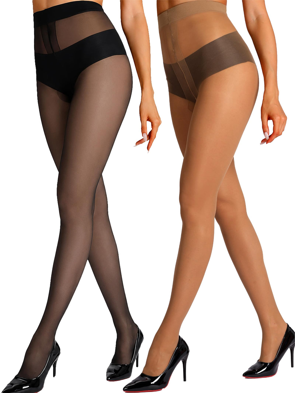 HONENNA Sheer Tights for Women 2 Pairs Ultra Thin Reinforced T Crotch Control Top Pantyhose Stockings