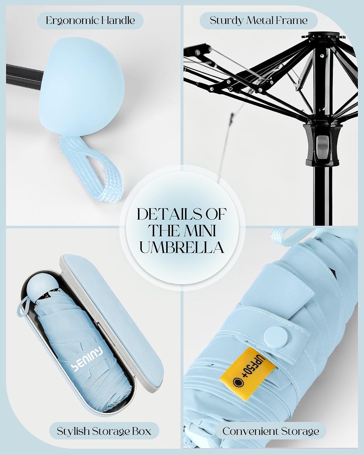 Seniny Mini Travel Umbrella with Case, Compact Pocket Size UV Sun & Rain