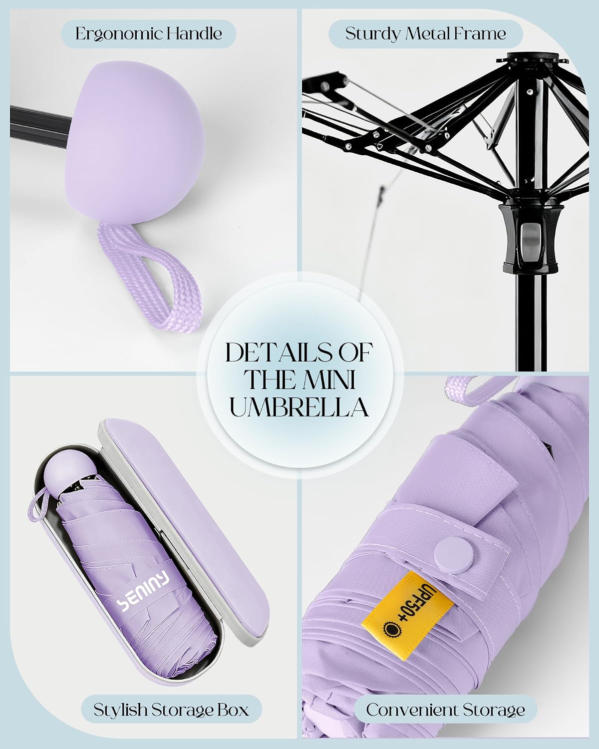 Seniny Mini Travel Umbrella with Case, Compact Pocket Size UV Sun & Rain