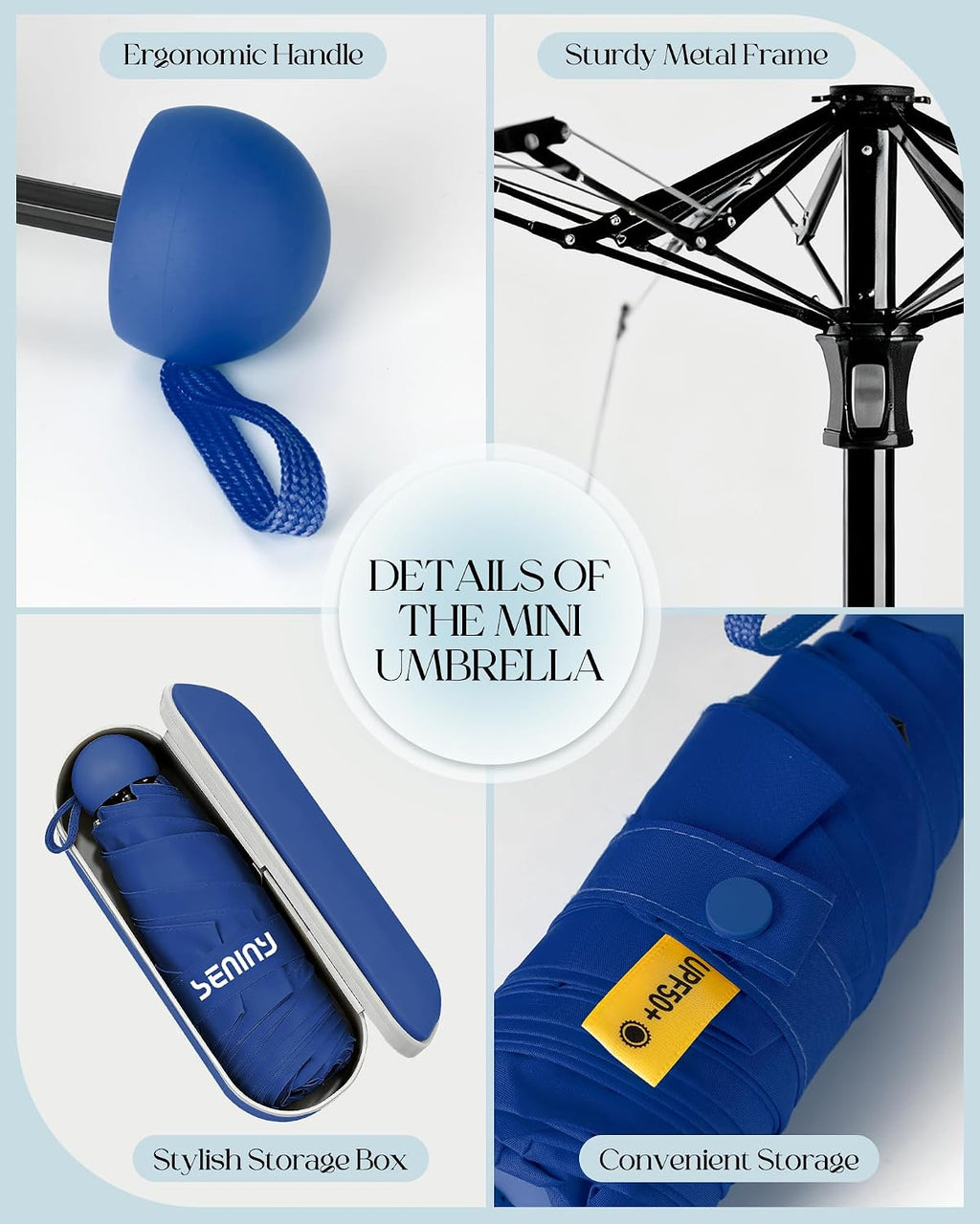 Seniny Mini Travel Umbrella with Case, Compact Pocket Size UV Sun & Rain