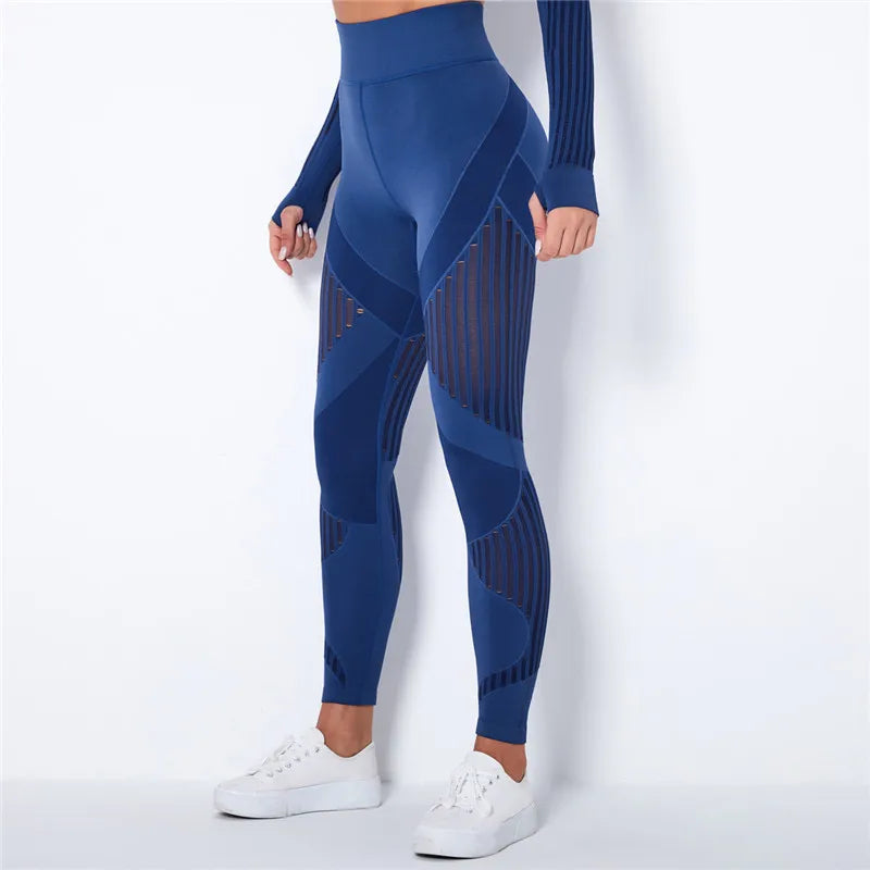 Rooftrellen 20%Spandex Hollow Mesh Leggings Women Seamless Knitted Leggings High Waist Stripe Pants Slim Push Up Fitness Leggins
