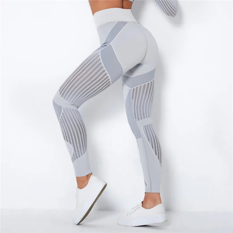 Rooftrellen 20%Spandex Hollow Mesh Leggings Women Seamless Knitted Leggings High Waist Stripe Pants Slim Push Up Fitness Leggins