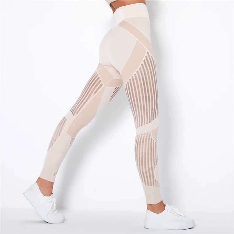 Rooftrellen 20%Spandex Hollow Mesh Leggings Women Seamless Knitted Leggings High Waist Stripe Pants Slim Push Up Fitness Leggins