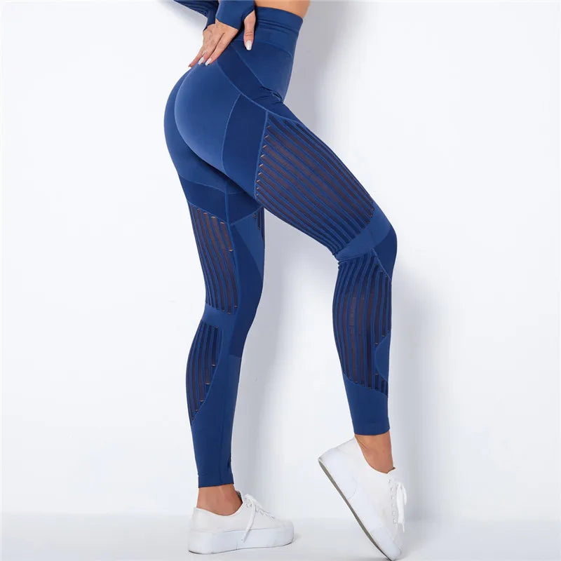 Rooftrellen 20%Spandex Hollow Mesh Leggings Women Seamless Knitted Leggings High Waist Stripe Pants Slim Push Up Fitness Leggins