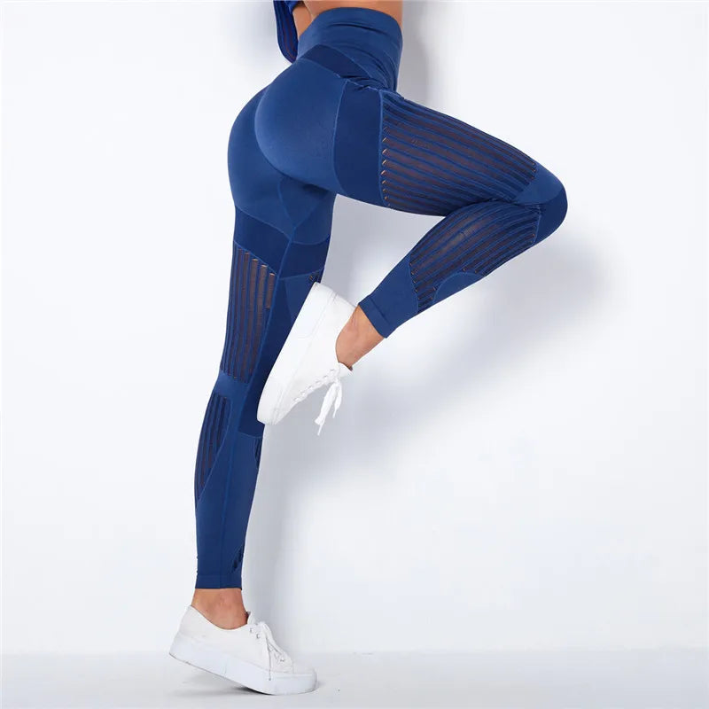 Rooftrellen 20%Spandex Hollow Mesh Leggings Women Seamless Knitted Leggings High Waist Stripe Pants Slim Push Up Fitness Leggins
