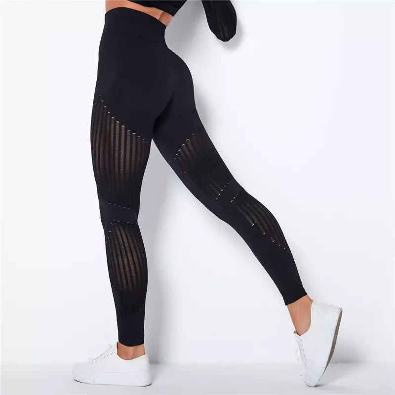 Rooftrellen 20%Spandex Hollow Mesh Leggings Women Seamless Knitted Leggings High Waist Stripe Pants Slim Push Up Fitness Leggins