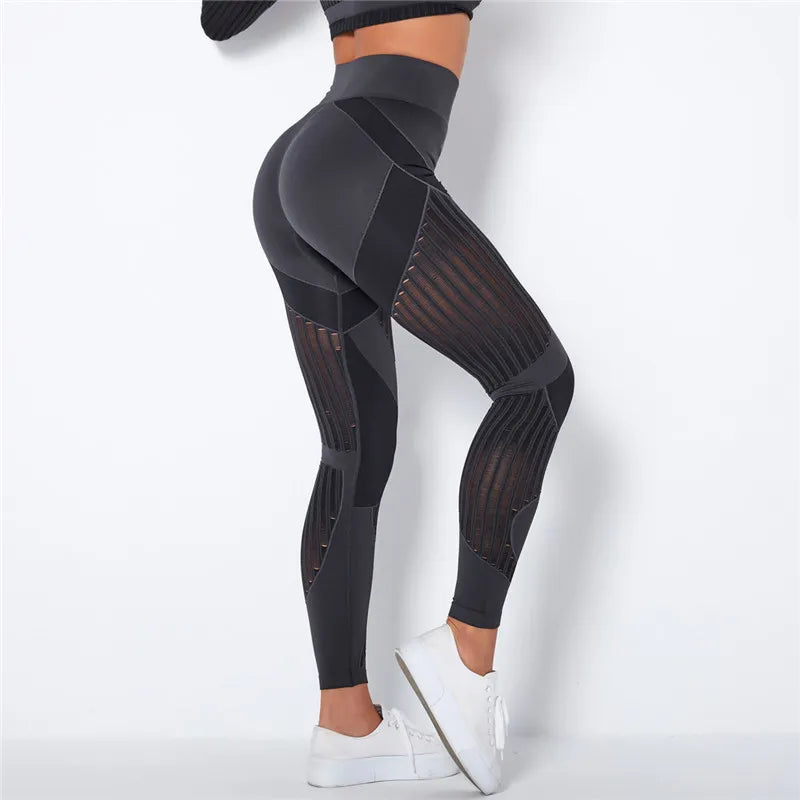 Rooftrellen 20%Spandex Hollow Mesh Leggings Women Seamless Knitted Leggings High Waist Stripe Pants Slim Push Up Fitness Leggins