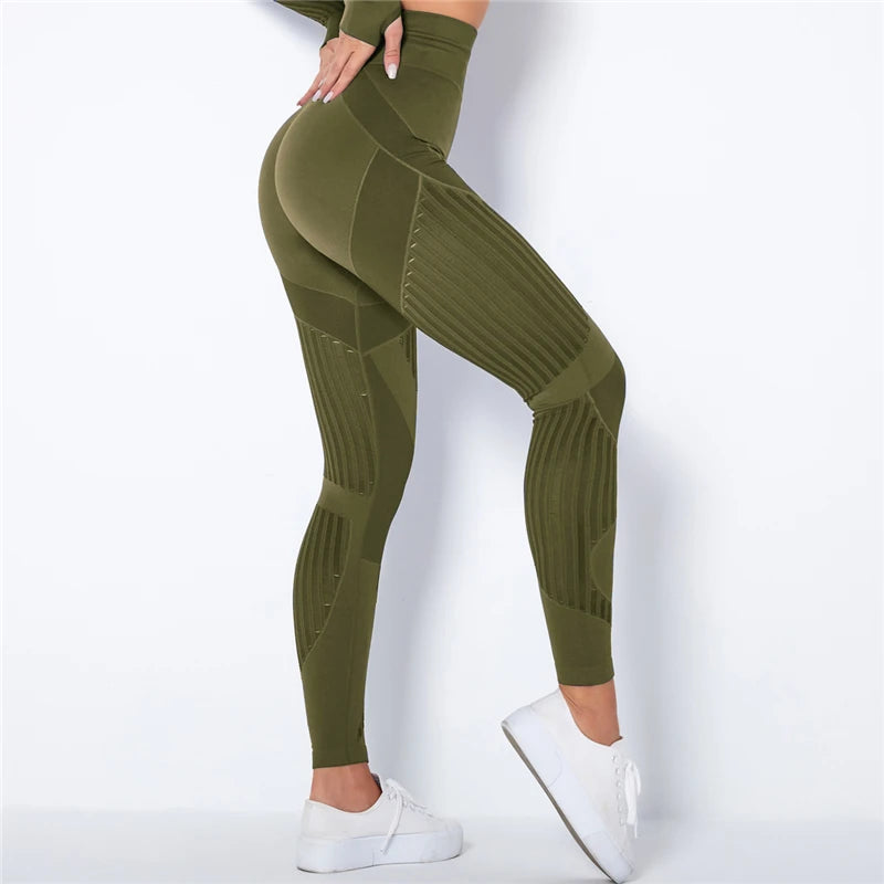 Rooftrellen 20%Spandex Hollow Mesh Leggings Women Seamless Knitted Leggings High Waist Stripe Pants Slim Push Up Fitness Leggins