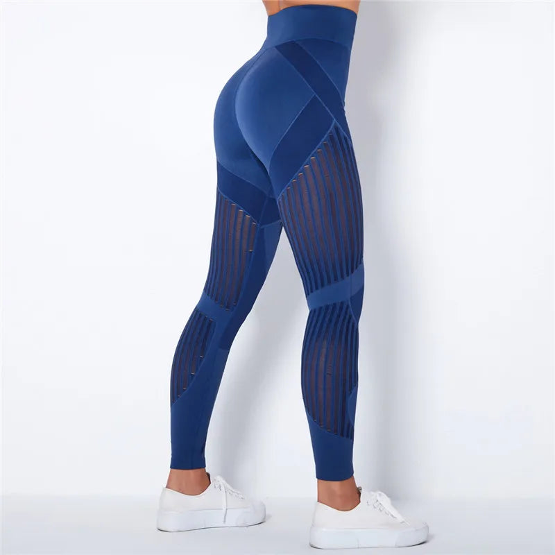 Rooftrellen 20%Spandex Hollow Mesh Leggings Women Seamless Knitted Leggings High Waist Stripe Pants Slim Push Up Fitness Leggins