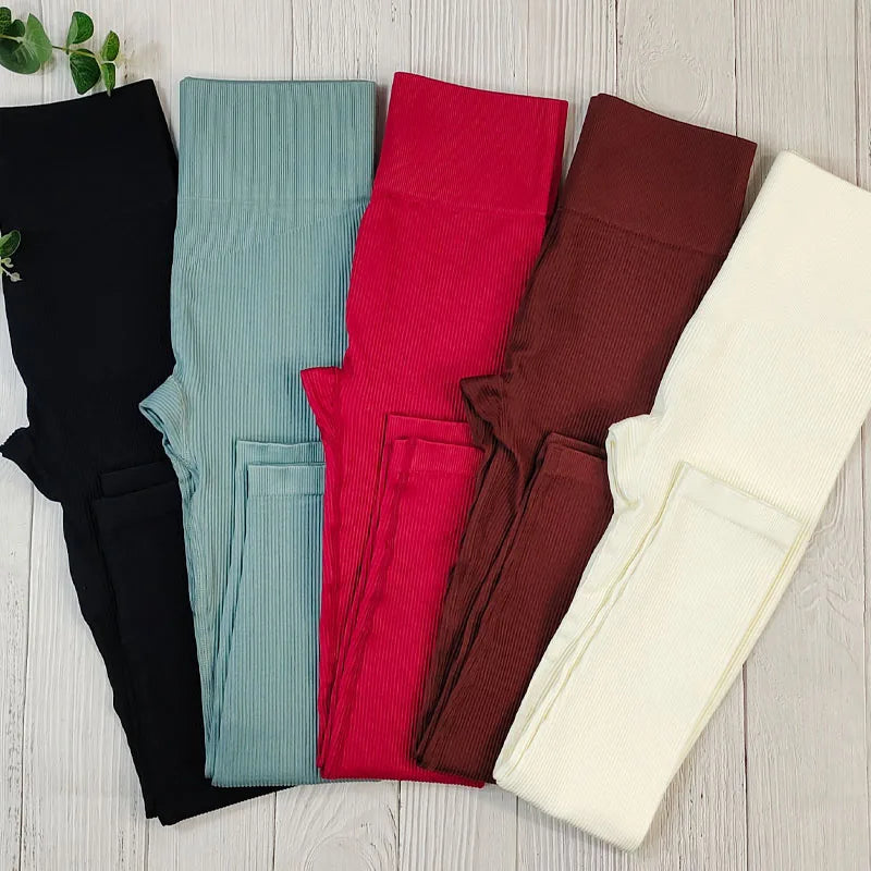 Seamless Ribbed Leggings for Fitness Women Sport Legging Push Up Workout Striped Leggins Ladies High Waist Sexy Gym Legins Woman