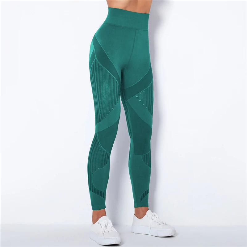 Rooftrellen 20%Spandex Hollow Mesh Leggings Women Seamless Knitted Leggings High Waist Stripe Pants Slim Push Up Fitness Leggins