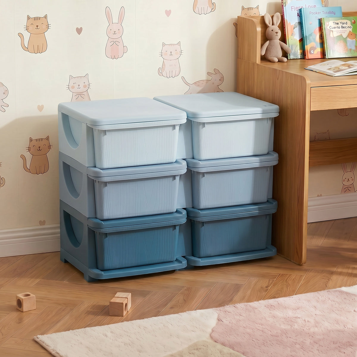 Organisateur de jouets pour enfants à 3 niveaux avec 6 tiroirs, boîtes de rangement en plastique, 75x37x56,5cm, bleu